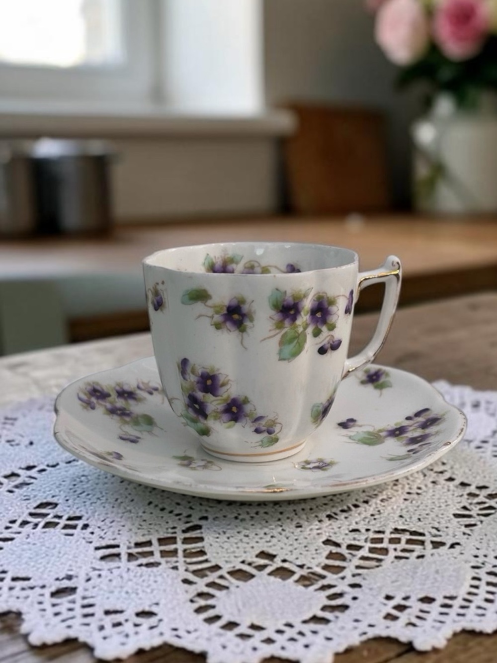 Antique Hand Painted Willets Belleek Violets Teacup and Saucer